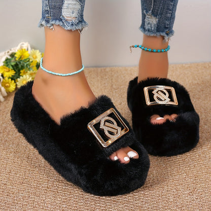 Women's Plush Slippers with Metallic Buckle - Thick Sole, Faux Furry Material, Black/Brown/Grey, Comfortable Indoor Shoes for All Seasons, House Slippers