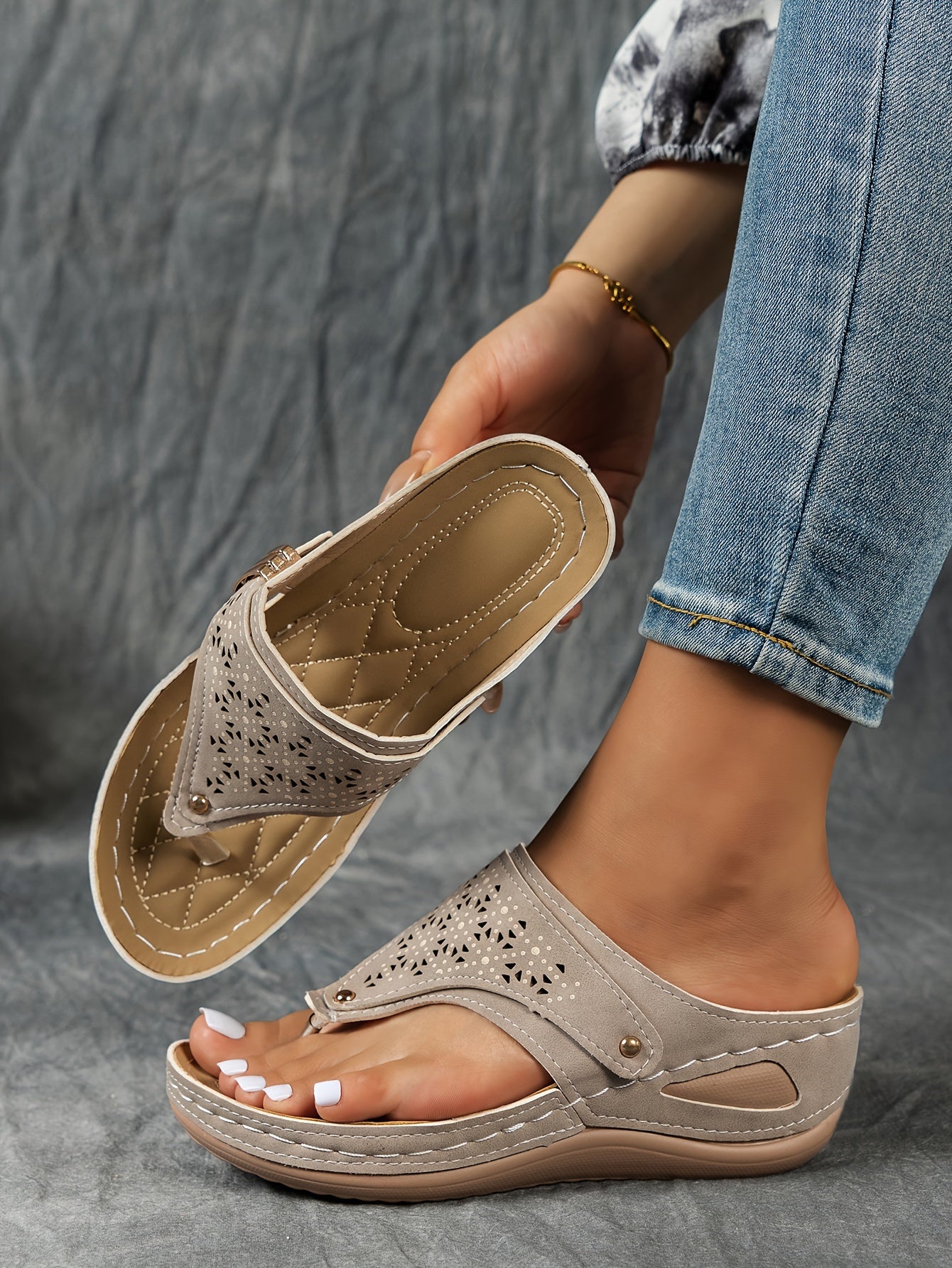 Stylish Cut-Out Thong Sandals - Soft Metallic Platform Wedge, Comfortable Beach Slides with Adjustable Straps, Vacation Essentials for Women