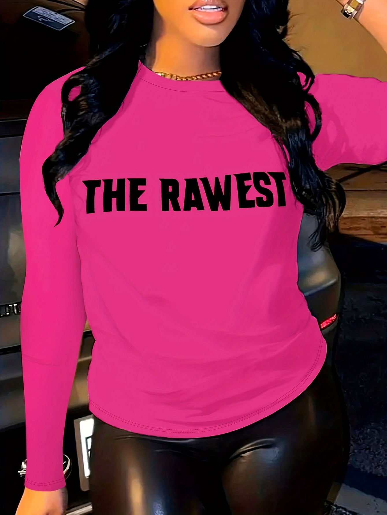 Women'S Casual Crew Neck Long Sleeve Blouse, Polyester Knit Fabric, with "THE RAWEST" Letter Print, for Spring/Fall