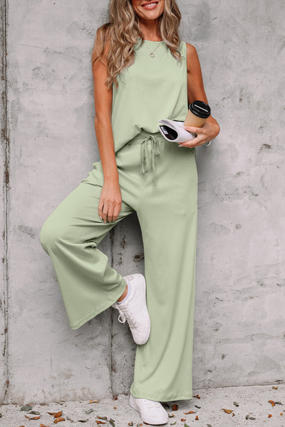 Smoke Green Textured Tank Top and Drawstring High Waist Pants Set