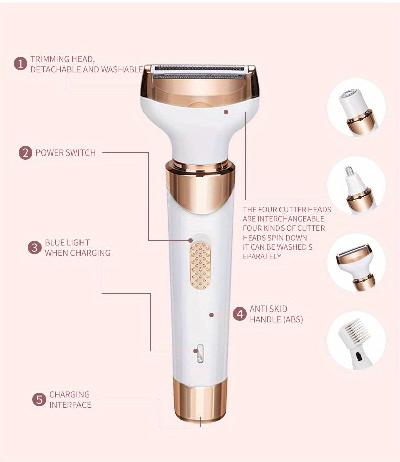 4-in-1 Women's Electric Razor - Wet & Dry Hair Remover For Pubic Hair, Eyebrow, Nose, Face, Legs, Underarms - Portable Bikini Trimmer - Rechargeable & Cordless - Gentle & Effective Hair Shaving