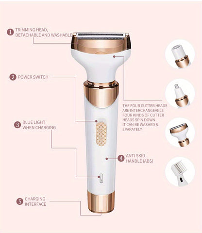 4-in-1 Women's Electric Razor - Wet & Dry Hair Remover For Pubic Hair, Eyebrow, Nose, Face, Legs, Underarms - Portable Bikini Trimmer - Rechargeable & Cordless - Gentle & Effective Hair Shaving