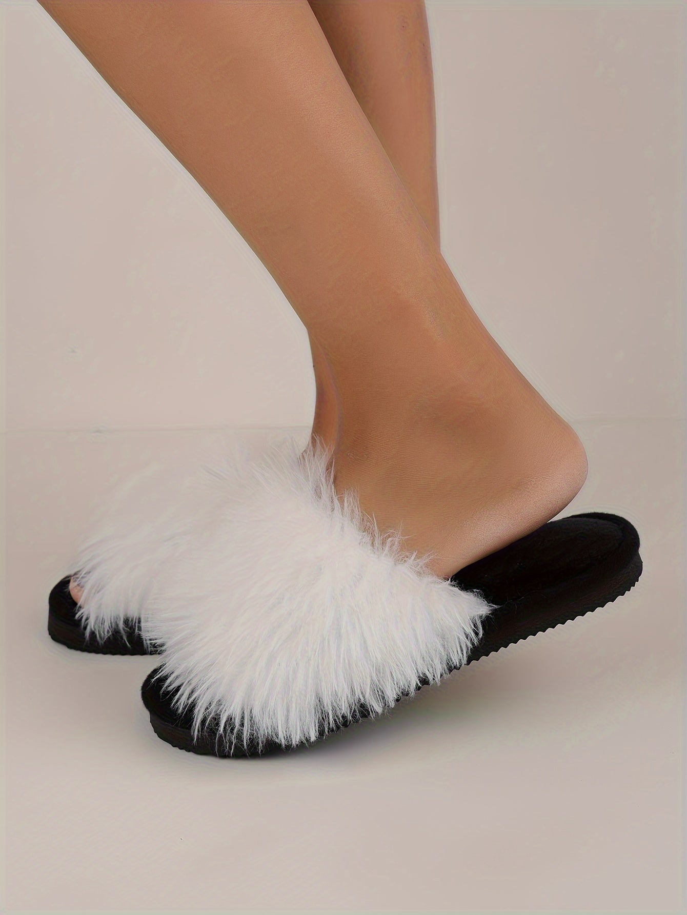 Elegant Women's Faux Fur Slippers - Winter Plush Open Toe Slip-On House Slippers with EVA Sole - Solid Color Fluffy Indoor Cotton Slides - Cixi Production Area