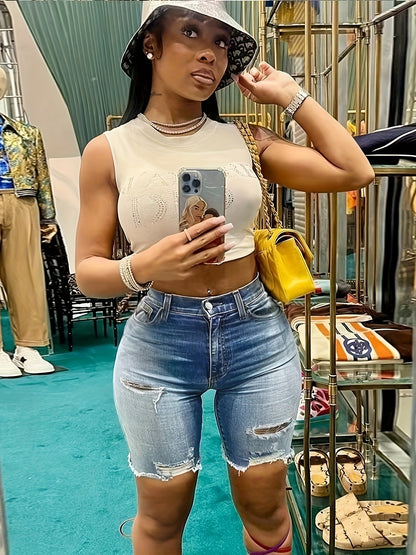 Vibrant Blue Ripped Holes Slim Fit Denim Shorts - High Stretch, Raw Hem, Comfortable, Distressed, Fashionable - Women's Summer Essential Denim Jeans & Clothing