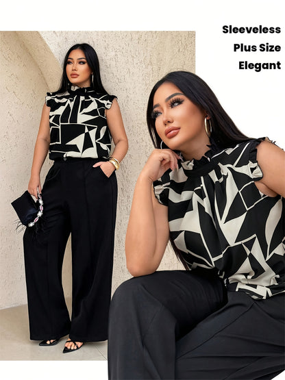 Plus Size - Plus Size - Elegant High Neck Geometric Print Blouse for Women - Sleeveless Summer Top with Asymmetrical Hem, Black & White Design, Non-Stretch Fabric, Perfect for Casual or Stylish Outfits, Summer Fashion | Asymm