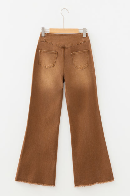 Coffee High Waist Button Fly Seamed Raw Hem Flare Jeans