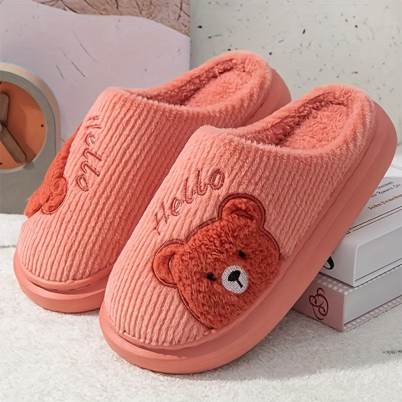HOLLE Plush Fleece-Lined Winter Slippers with Cute Cartoon Bear Design - Soft EVA Sole Indoor House Shoes for Women & Men, Cozy Warm Indoor/Outdoor Footwear, Cute Slippers