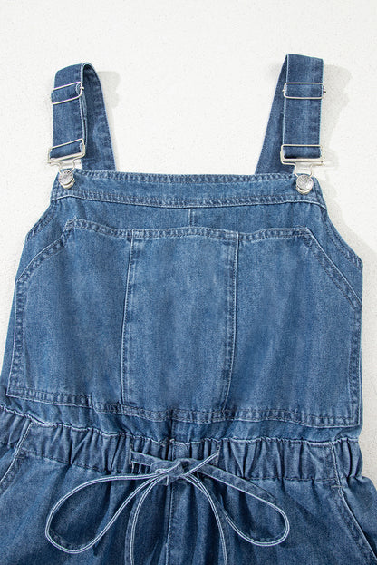 Sky Blue Buckle Straps Bib Style Tied Backless Flared Denim Overall
