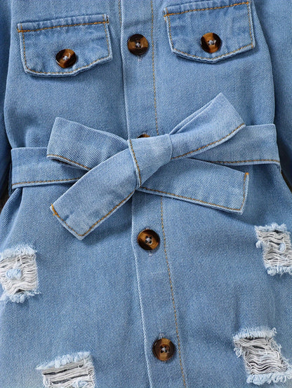 A Babygirl Open Collar Long Sleeve Ripped Denim Jumpsuit Spring And Autumn
