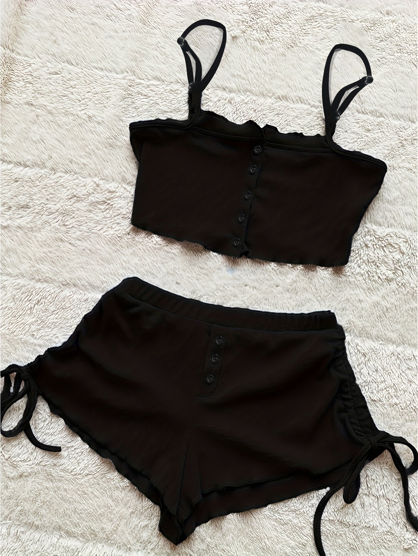 Simple Solid Print Lounge Set, Buttons Cami Top & Drawstring Shorts, Women's Loungewear & Sleepwear Koningsdag/King's Day