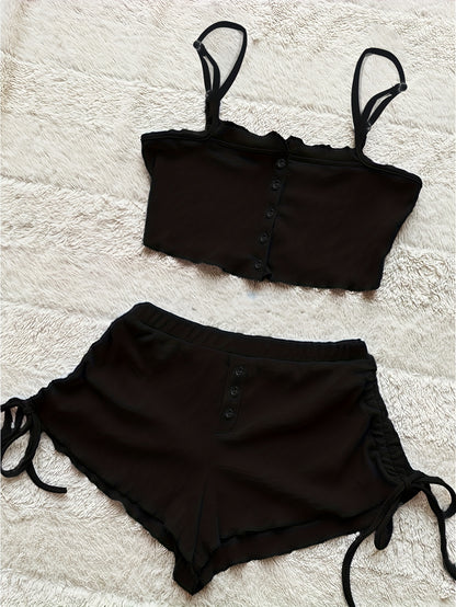 Simple Solid Print Lounge Set, Buttons Cami Top & Drawstring Shorts, Women's Loungewear & Sleepwear Koningsdag/King's Day