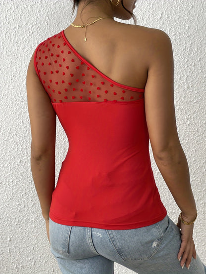 One Shoulder Heart Print Mesh Top, Sexy Sleeveless Asymmetrical Top, Women's Clothing