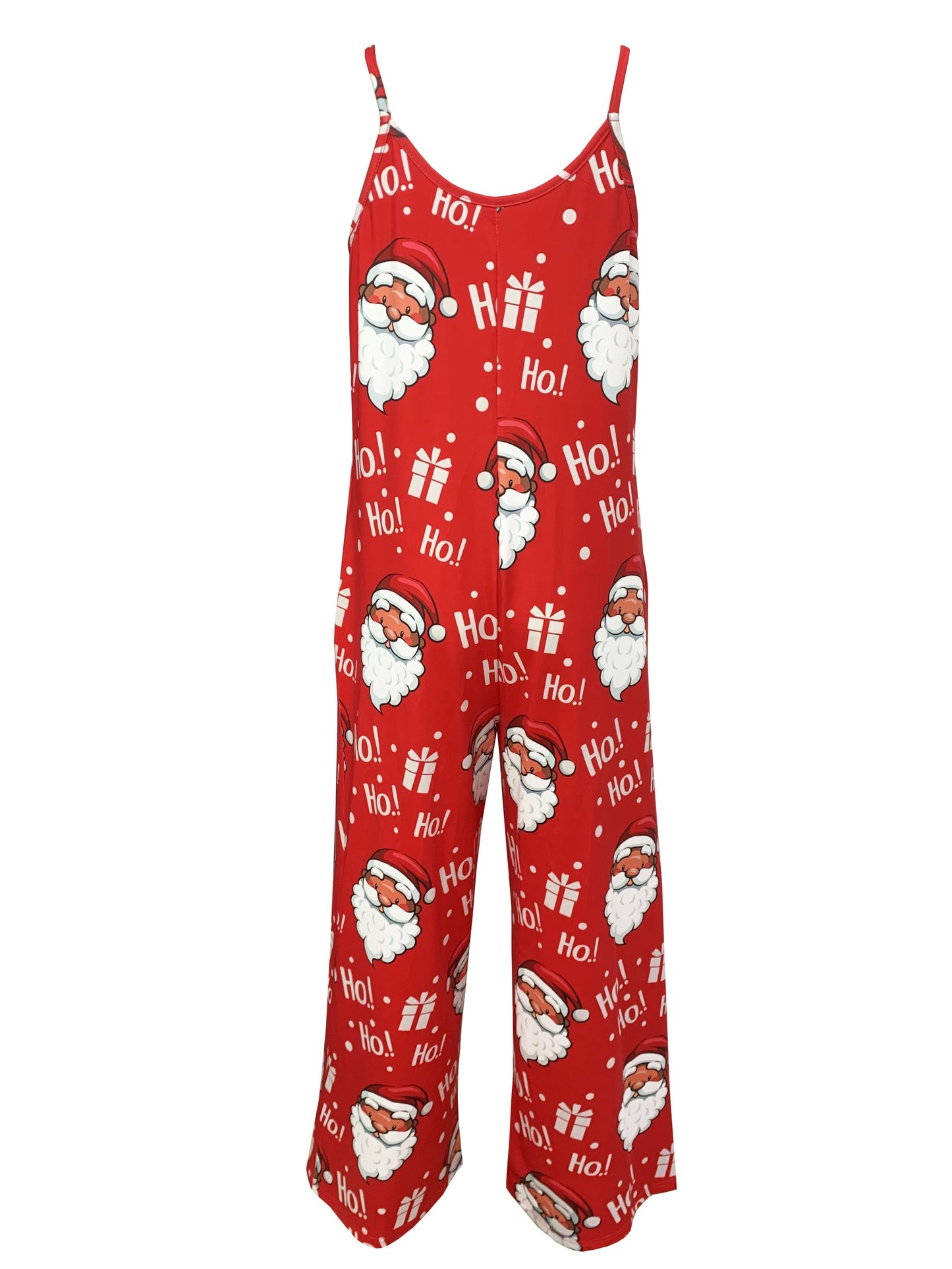 Plus Size Christmas Casual Jumpsuit, Women's Plus Santa Claus & Letter Print V Neck Wide Leg Cami Jumpsuit With Pockets