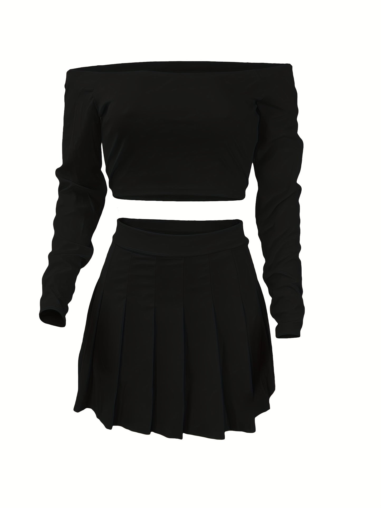 Solid Elegant Two-piece Set, Off Shoulder Long Sleeve Crop Top & Pleated Mini Skirt Outfits, Women's Clothing