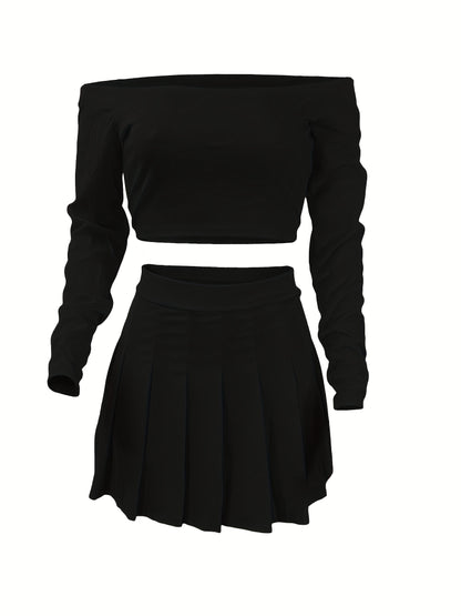 Solid Elegant Two-piece Set, Off Shoulder Long Sleeve Crop Top & Pleated Mini Skirt Outfits, Women's Clothing