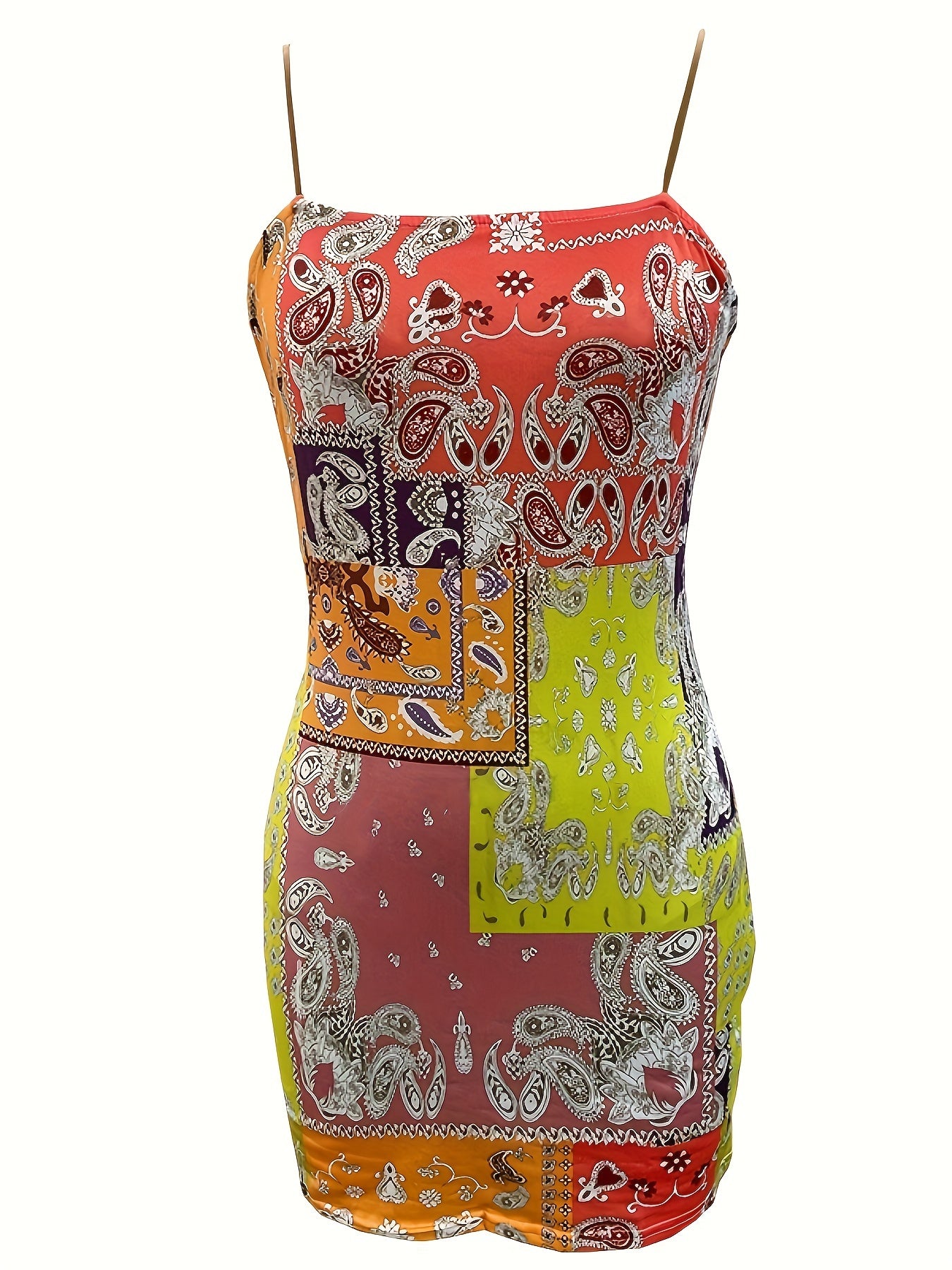 Vibrant Paisley Print Bodycon Mini Dress for Women - Sexy Off-Shoulder, Sleeveless, Stretchy Polyester Blend, Machine Washable, Party Wear Dress|Offshoulder Dress|Semitransparent Material