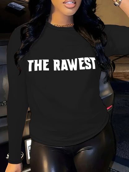 Women'S Casual Crew Neck Long Sleeve Blouse, Polyester Knit Fabric, with "THE RAWEST" Letter Print, for Spring/Fall