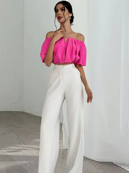 Sexy Off-the-Shoulder Crop Top Blouse - Stylish Short Sleeve Polyester Solid Color Notch Neck Design for Spring and Summer - Womens Fashion Clothing for All Seasons