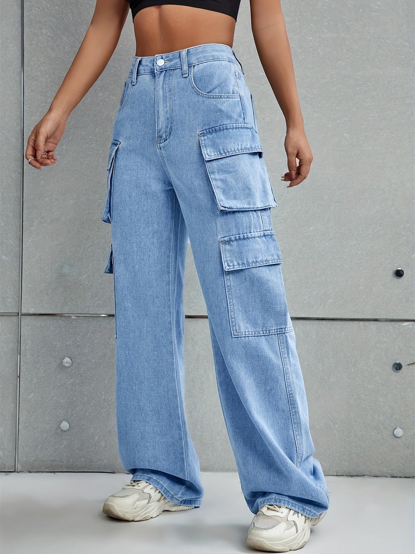 Plain Flap Pockets Cargo Pants, Loose Fit Non-Stretch Y2K & Kpop Style Straight Jeans, Women's Denim Jeans & Clothing