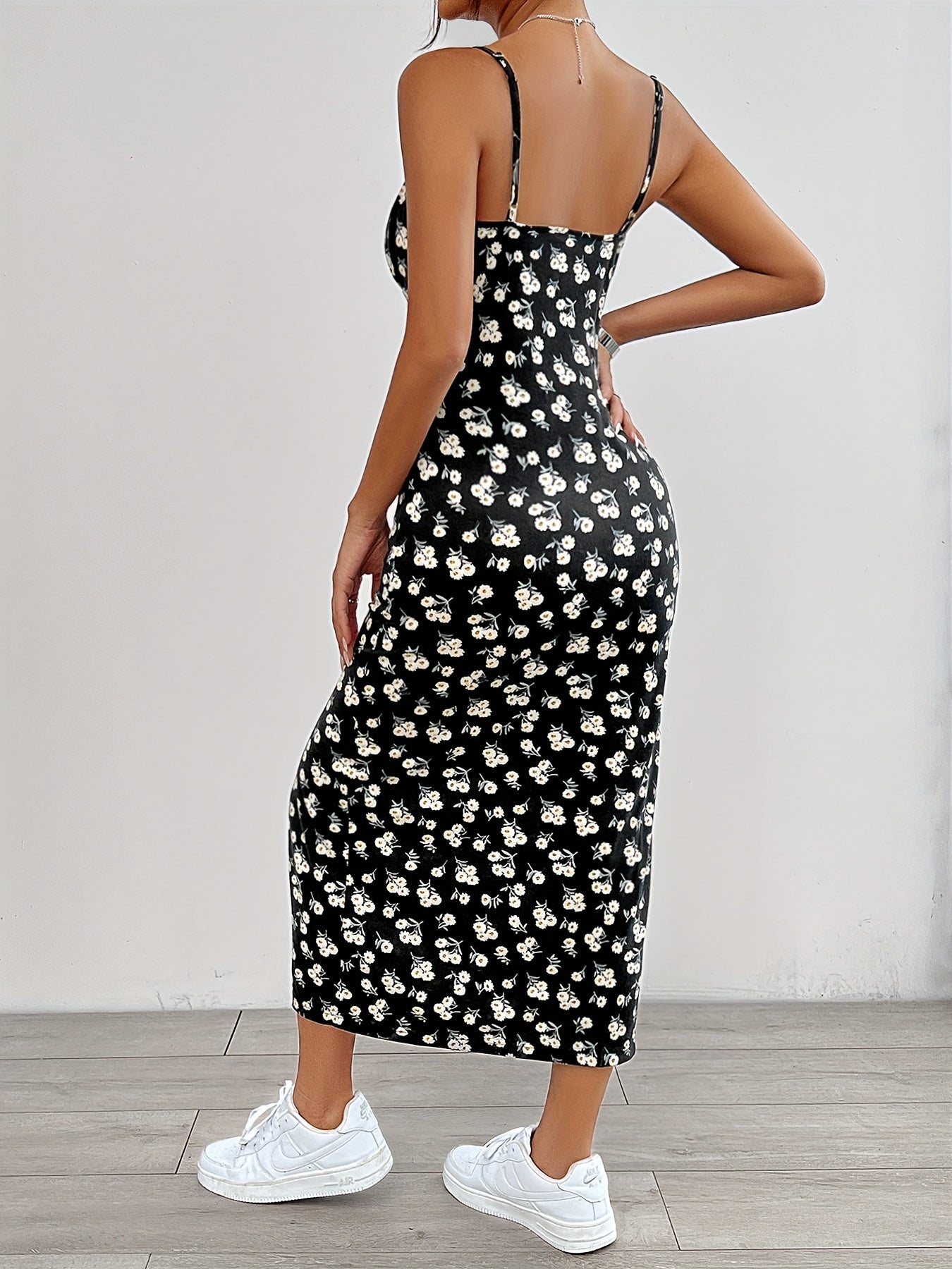 Flirty Floral Print Cami Dress with Flowy Split Hem - Chic Sleeveless Spaghetti Strap Design for Spring & Summer - A Fashionable Must-Have for Womens Wardrobe