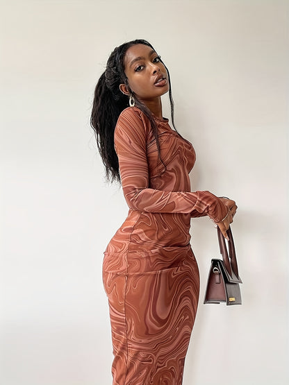 Abstract Ripple Print Dress, Sexy Mock Neck Long Sleeve Dress, Women's Clothing