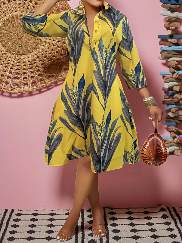 Plant Print Button Front Dress, Casual Long Sleeve Midi Dress, Women's Clothing
