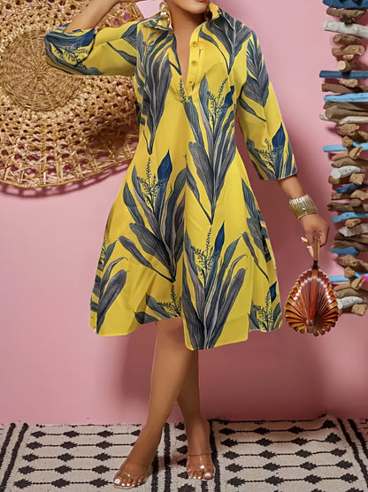 Plant Print Button Front Dress, Casual Long Sleeve Midi Dress, Women's Clothing