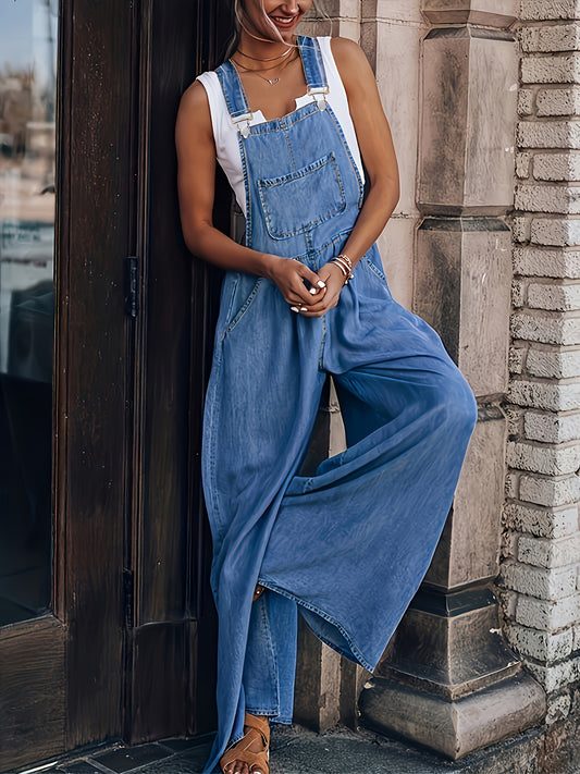 Loose Side Pocket Sleeveless Denim Jumpsuits, Casual Adjustable Shoulder Strap Denim Suspenders Trousers, Women's Denim Jeans & Clothing