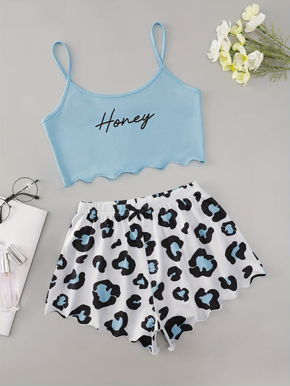 Sexy Leopard & Letter Print Pajama Set - Relaxed Fit, Round Neck, Backless Crop Cami Top, Shorts, Comfortable, Soft Fabric, Sleepwear for Women
