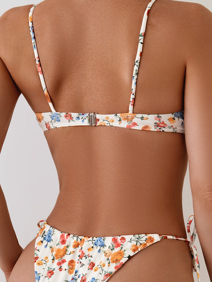UFJUFJ Women'S Floral Print Split-Back Swimsuit - High-Stretch Ruched Bikini with Adjustable Straps, Vibrant Orange & Blue Flower Design for Beach & Pool, Beach Swimwear, Poolside Attire, Ruched Swimwear, Comfortable Fit