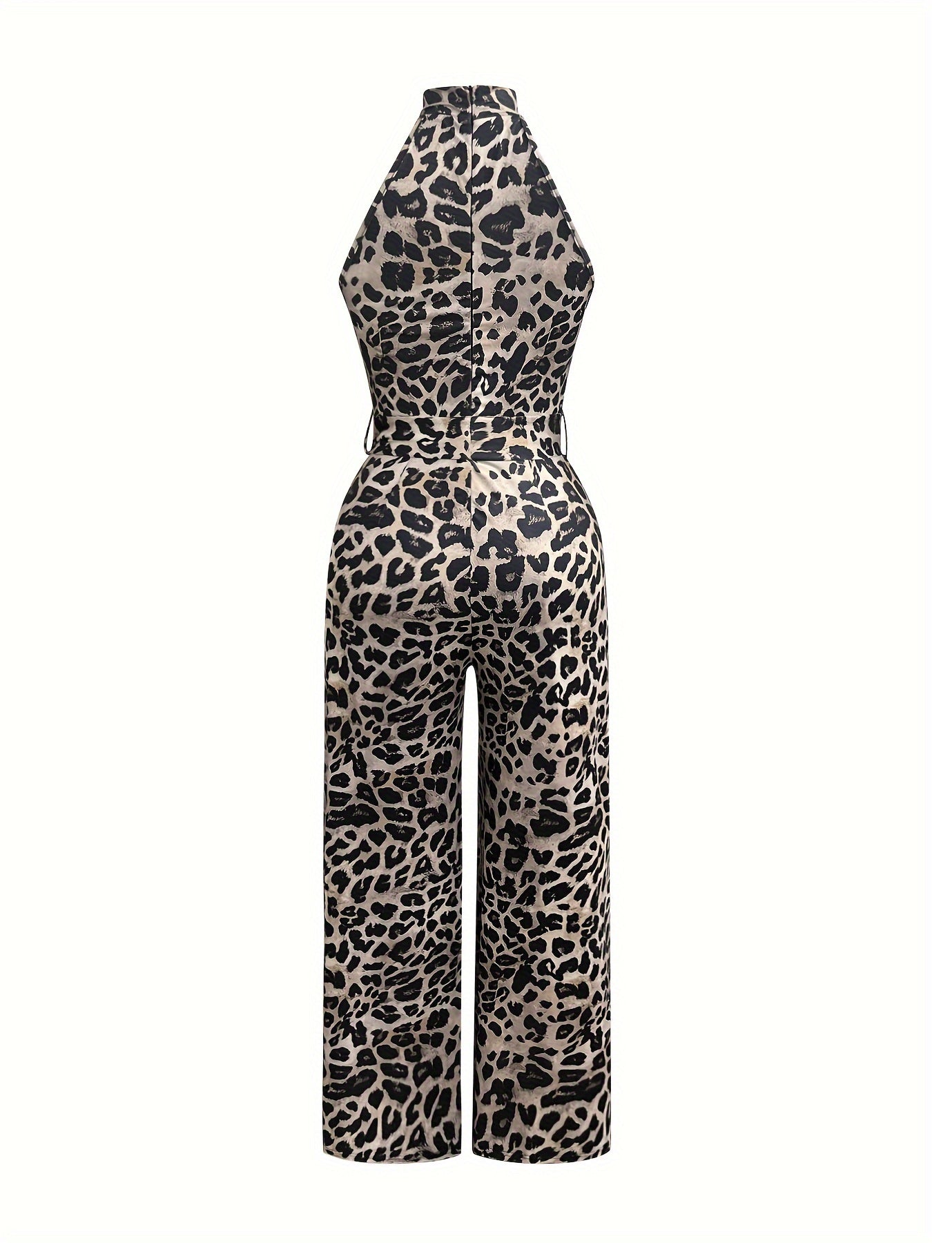 Sultry Leopard Print Bodycon Jumpsuit - High-Waisted, Open Back, Polyester Elastane Blend, All-Season Fashion for Women, Sexy and Confident Style