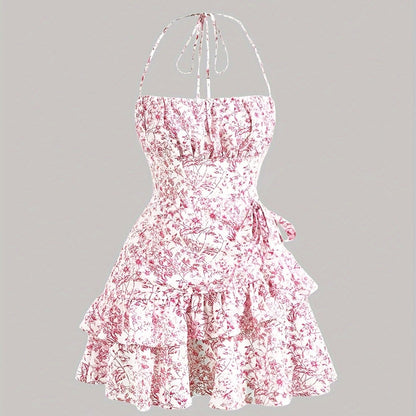 Floral Print Layered Ruffle Hem Halter Dress, Elegant Sleeveless Dress For Spring & Summer, Women's Clothing