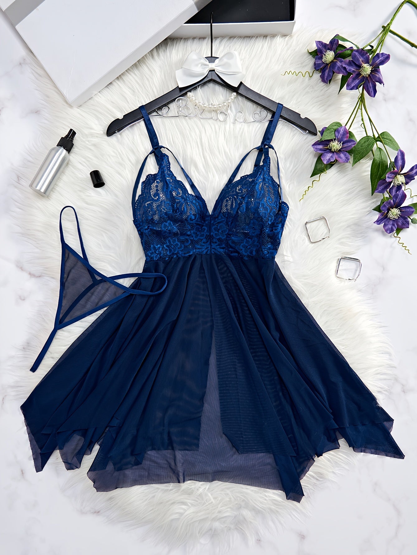 Seductive Floral Lace Slip Nightdress - Sheer Mesh, Adjustable Straps, Asymmetric Hem - Backless V Neck Mini Dress with Matching Thongs - Soft, Breathable Womens Sleepwear Set