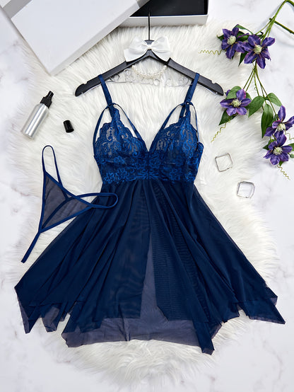 Seductive Floral Lace Slip Nightdress - Sheer Mesh, Adjustable Straps, Asymmetric Hem - Backless V Neck Mini Dress with Matching Thongs - Soft, Breathable Womens Sleepwear Set