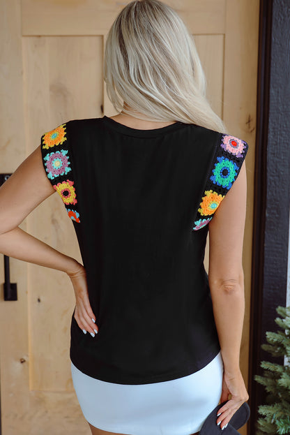 Black Floral Crochet Patched Sleeve Crew Neck Casual Tank Top