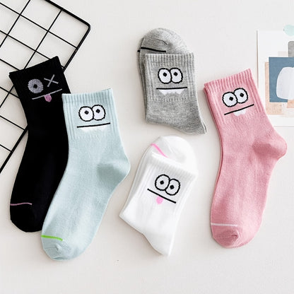 5 Pairs Funny Face Print Socks - Ultra-Soft and Breathable, Relaxed Fit, Mid-Calf Length - Designed for Women, Perfect for Stockings and Hosiery Lovers