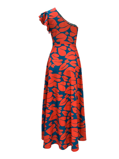 Long Elegant One Shoulder Neck Split Thigh Print Dress - Sleeveless, No Elasticity, Woven Polyester, Random Print, Perfect for Wedding, Occasion, Engagement, Ceremony, Evening - Summer Party Dress for Women