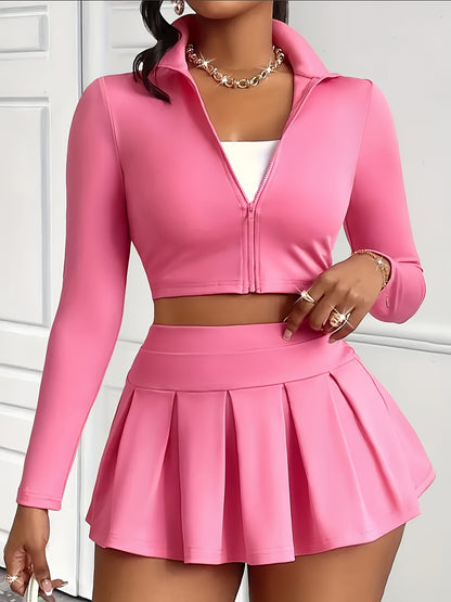 Women's Sexy Long Sleeve Jacket & Mini Pleated Skirt with High Elastic Underpants