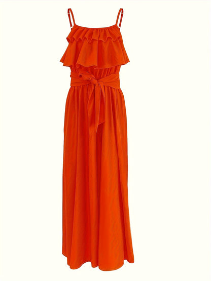 Vibrant Ruffle Trim Cami Dress - Sleeveless, Tie-Waist, Maxi Length, Flowy, Feminine, Summer Essential for Women - Perfect for Outdoor, Party, and Daily Wear