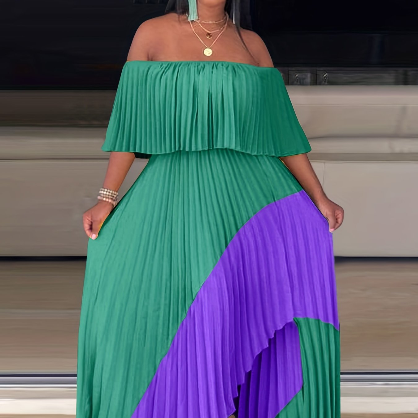 Flattering Pleated Off Shoulder Maxi Dress - Alluring Asymmetrical Hem for Glamorous Parties - Fashion-Forward Womens Formal Wear