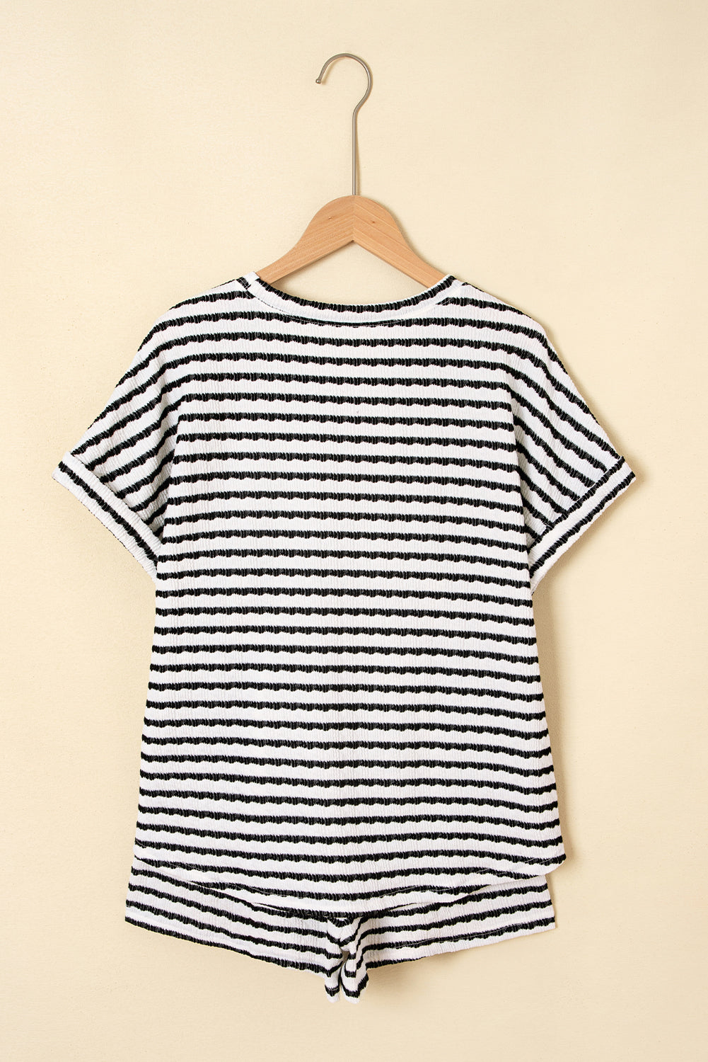 Black Stripe Knitted Short Sleeve Top and Drawstring Shorts Set