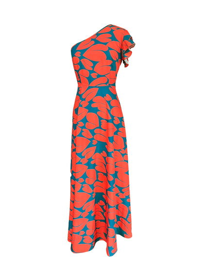 Long Elegant One Shoulder Neck Split Thigh Print Dress - Sleeveless, No Elasticity, Woven Polyester, Random Print, Perfect for Wedding, Occasion, Engagement, Ceremony, Evening - Summer Party Dress for Women