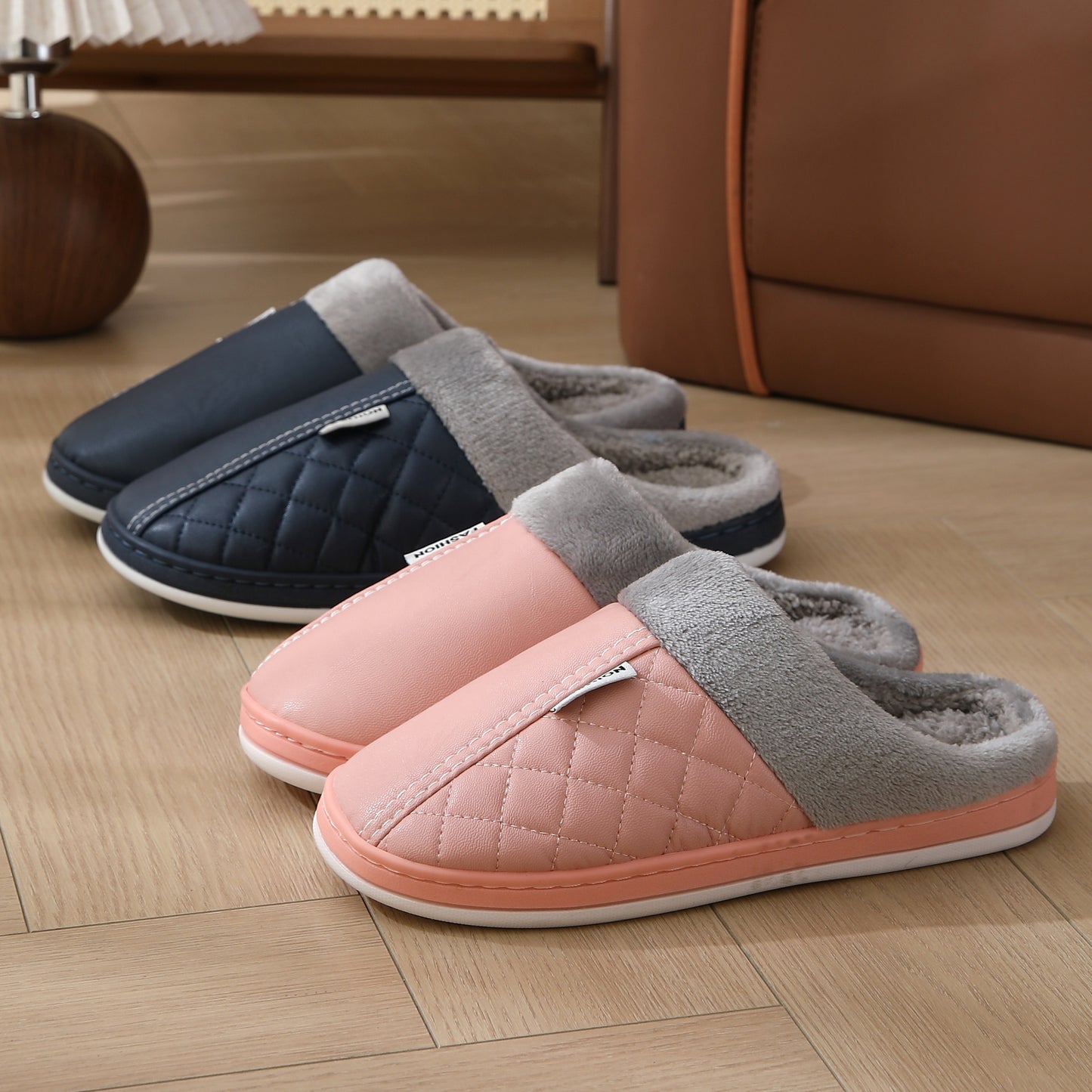 [Cozy Plush Slippers] Warm Cozy Plush Home Slippers for Men and Women | Faux Fur Lined, Durable TPR Sole, Quilted Design, Indoor/Outdoor Use, Available in Navy Blue, Red, Pink, and Gray