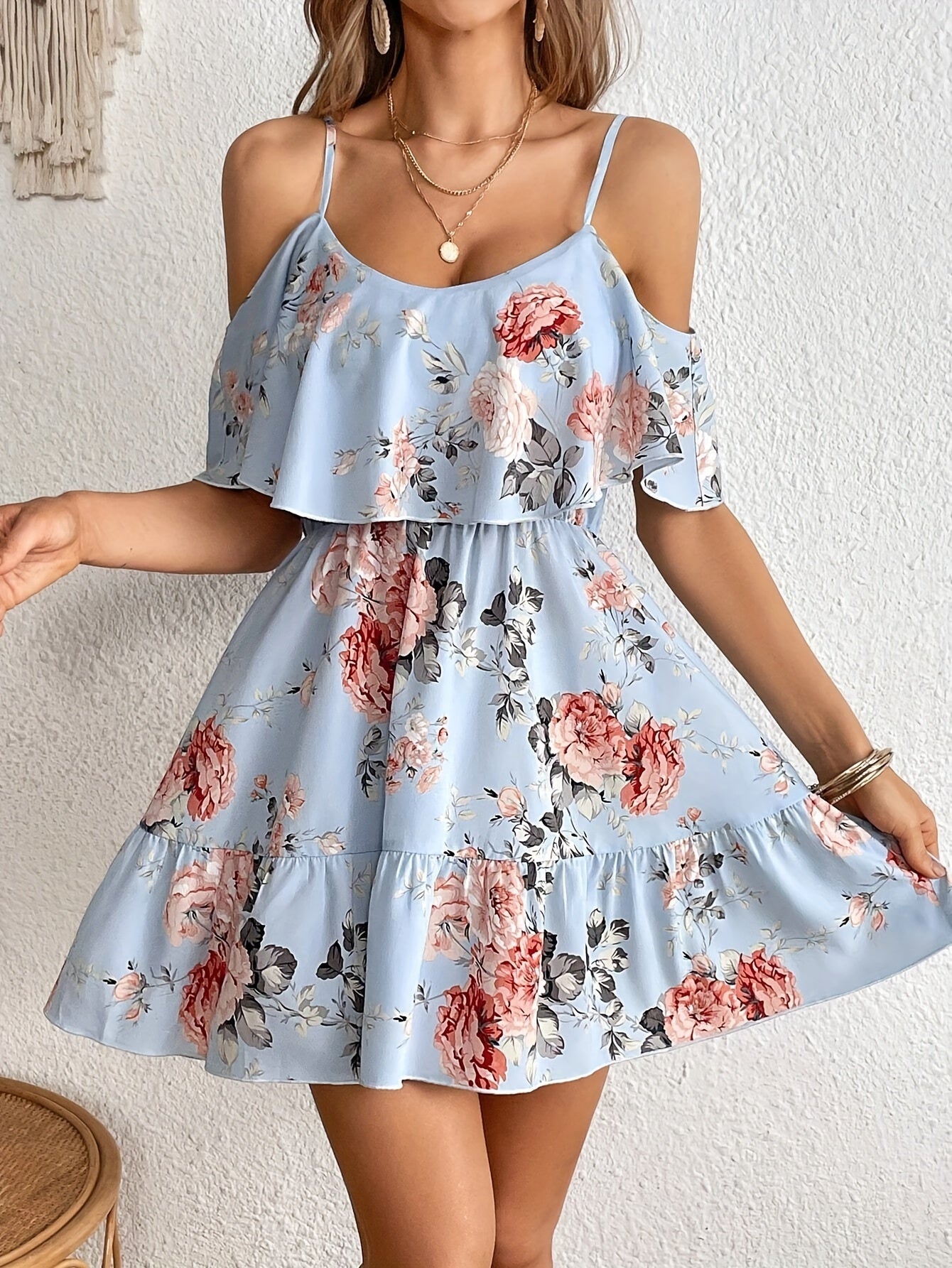 Floral Print Cold Shoulder Dress, Casual Ruffle Trim Dress For Spring & Summer, Women's Clothing