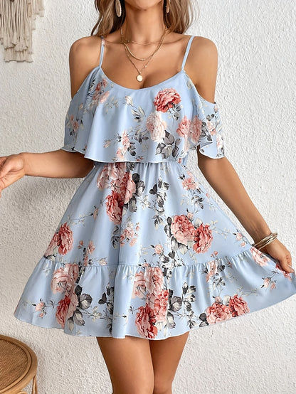 Floral Print Cold Shoulder Dress, Casual Ruffle Trim Dress For Spring & Summer, Women's Clothing