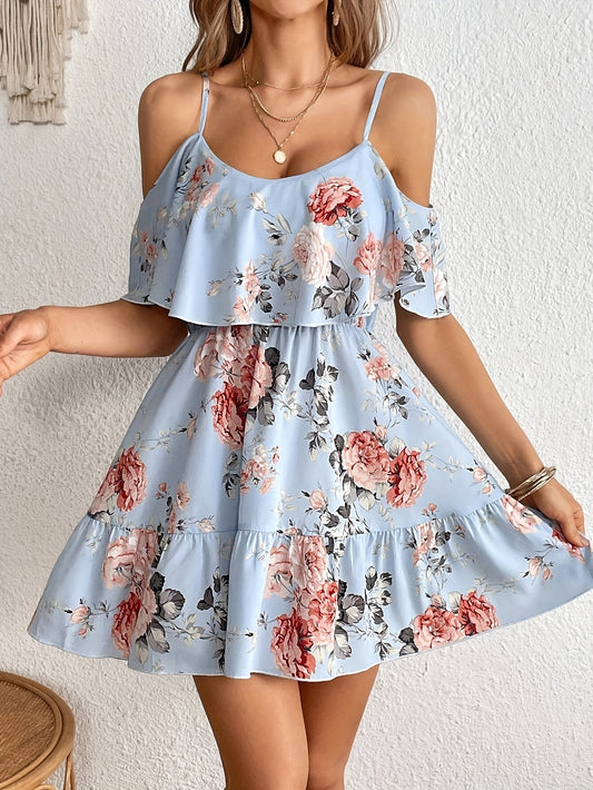 Floral Print Cold Shoulder Dress, Casual Ruffle Trim Dress For Spring & Summer, Women's Clothing