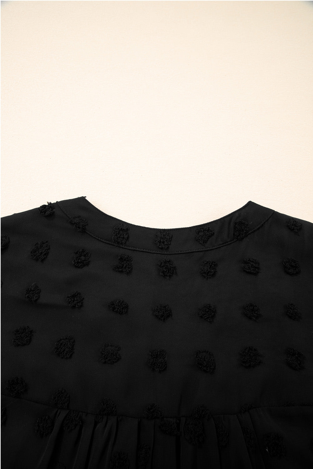 Black Dotty Textured Notched Neck Plus Ruffled Dress