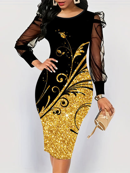 Butterfly Print Contrast Mesh Dress, Elegant Crew Neck Long Sleeve Dress, Women's Clothing