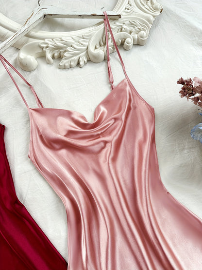 2 Pcs Women's Elegant Solid Satin Sleepwear Dress, Turtleneck Side Split Backless Midi Slip Dress, Comfortable Nightgown