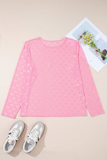 Pink Plus Size Bow Embroidered Mesh Long Sleeve Top